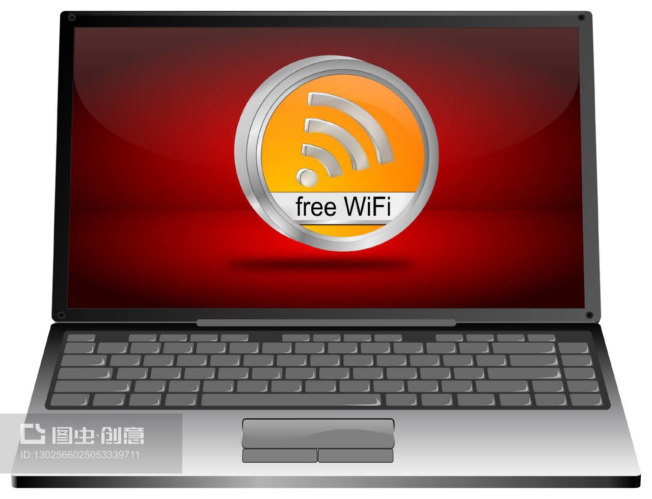 筆記本電腦,紅色桌面上有橙色免費(fèi)無(wú)線網(wǎng)絡(luò)按鈕——3D插圖